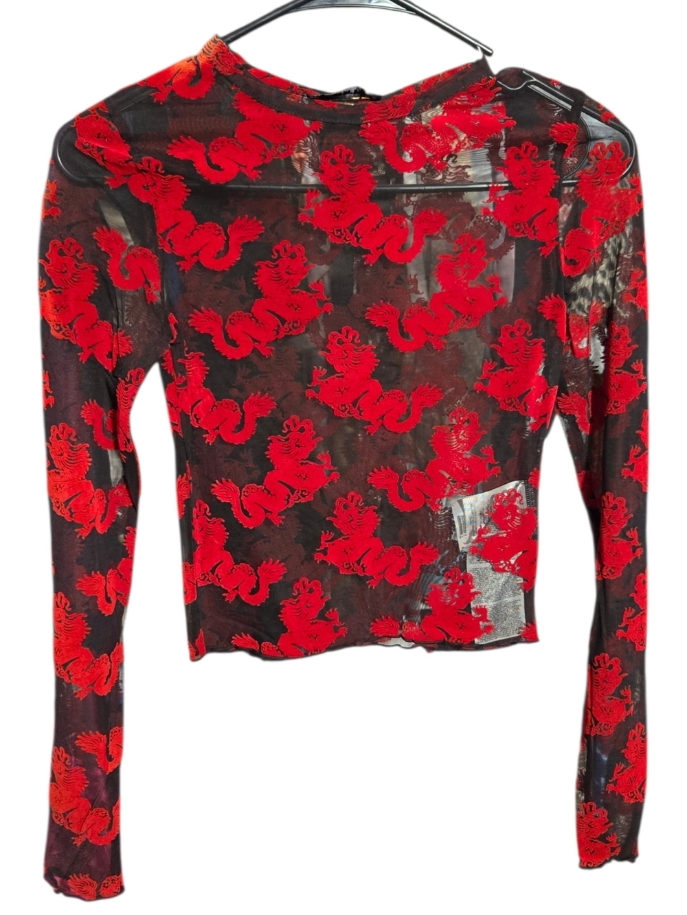 Sheer Black Long Sleeve Top with Red Dragon Embroidery